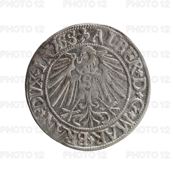 Albrecht Hohenzollern (Prince of Prussia; 1490–1568) — grosz, Schilling, Maciej, R0 (rarity). Ducal Prussia (1525–1701), Königsberg, 1543. Coin, diameter 23.7 mm, weight 1.94 g, axis 140°. Obverse: Prussian eagle; on its chest the crowned letter S. In the rim, between pearl-shaped borders, an inscription beginning with a trefoil: ALBER*D*G*MAR*BRAN*DVX*PRVSS. Reverse: male bust in armor in profile to the right; short hair, long beard with sideburns, dividing the inner border. In the rim, between pearl-shaped borders, an inscription beginning with the Hohenzollern shield: *IVSTVS*EX*FIDE*VIVIT*I543*.