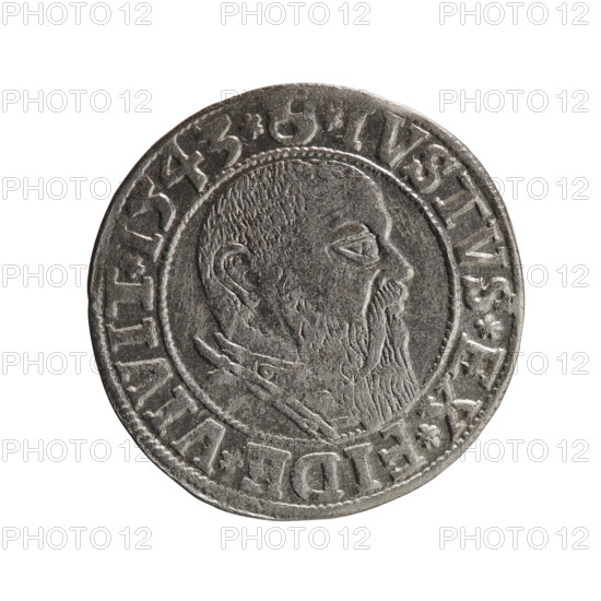 Albrecht Hohenzollern (Prince of Prussia; 1490–1568) — obverse: Prussian eagle, on its chest the crowned letter S; in the rim between pearl-shaped borders an inscription beginning with a trefoil ALBER*D*G*MAR*BRAN*DVX*PRVSS. Reverse: male bust in armor in profile to the right; short hair, long beard with sideburns, dividing the inner border; in the rim between pearl-shaped borders an inscription beginning with the Hohenzollern shield *IVSTVS*EX*FIDE*VIVIT*I543*. 1543. Ducal Prussia (1525–1701), Königsberg. Coin: diameter 23.7 mm, weight 1.94 g, axis 140°. Rarity: R0. Makers: Grosz, Schilling, Maciej. Iconography: eagles, Hohenzollern coat of arms, male busts in armor.