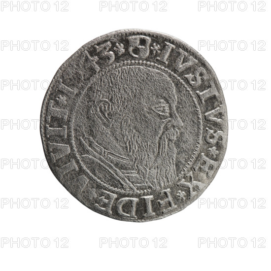 Obverse: Prussian eagle with crowned letter S on its chest; rim inscription beginning with a trefoil: LBER*D*G*MAR*BRAN*DVX*PRVSS. Reverse: male bust in armor in profile to the right; short hair, long beard with sideburns; rim inscription beginning with the Hohenzollern shield: *IVSTVS*EX*FIDE*VIVIT*I543*. Maker: Grosz, Schilling, Maciej. Subject: Albrecht Hohenzollern (Prince of Prussia; 1490–1568) — iconography, male busts in armor, Hohenzollern coat of arms, eagles. Date: 1543. Place/function: Ducal Prussia (1525–1701), Königsberg; coin. Physical: diameter 22.8 mm; weight 1.64 g; axis 290°. Rarity: R0 (rarity).
