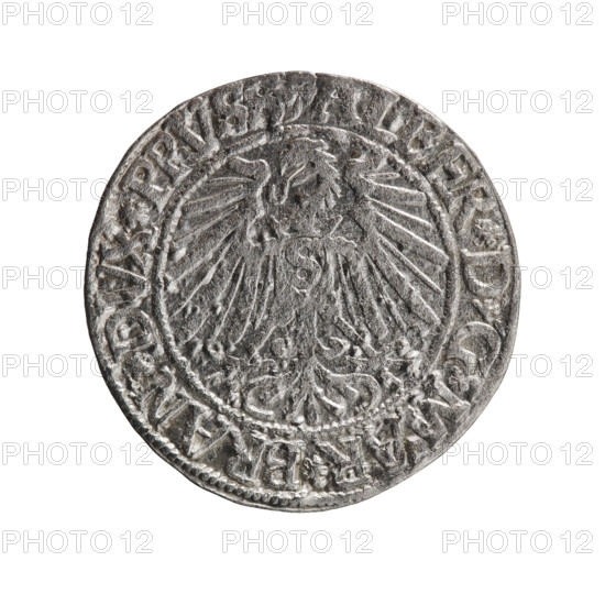 grosz, Schilling, Maciej, R0 (rarity), eagles, Albrecht Hohenzollern (Prince of Prussia; 1490–1568) - iconography, Hohenzollern (coat of arms), male busts in armor, Obv. Prussian eagle, on its chest the crowned letter S. In the rim, between the pearl-shaped borders, an inscription beginning with a trefoil ALBER*D*G*MAR*BRAN*DVX*PRVSS. Rev. Male bust in armor in profile turned to the right; short hair, long beard with sideburns, dividing the inner border. In the rim, between the pearl-shaped borders, an inscription beginning with the Hohenzollern shield *IVSTVS*EX*FIDE*VIVIT*I543*. 1543, Ducal Prussia (1525–1701), Königsberg; coin: diameter 23.3 mm, weight 2.02 g, axis 90 degrees