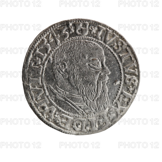 grosz; Schilling, Maciej; R0 (rarity); eagles; Albrecht Hohenzollern (Prince of Prussia; 1490–1568) — iconography; Hohenzollern (coat of arms); male busts in armor. Obverse: Prussian eagle, on its chest the crowned letter S; in the rim, between pearl-shaped borders, an inscription beginning with a trefoil: ALBER*D*G*MAR*BRAN*DVX*PRVSS. Reverse: male bust in armor in profile turned to the right; short hair, long beard with sideburns, dividing the inner border; in the rim, between pearl-shaped borders, an inscription beginning with the Hohenzollern shield: *IVSTVS*EX*FIDE*VIVIT*I543*. Date: 1543. Place: Ducal Prussia (1525–1701), Königsberg. Coin: diameter 23.3 mm, weight 2.02 g, axis 90°.