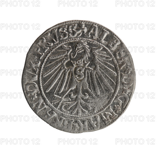 Albrecht Hohenzollern (Prince of Prussia; 1490–1568) — grosz, Schilling, Maciej, R0 (rarity). Ducal Prussia (1525–1701), Königsberg, 1543. Coin (diameter 23.1 mm, weight 1.85 g, axis 50°). Obverse: Prussian eagle, on its chest the crowned letter S; in the rim between pearl-shaped borders an inscription beginning with a trefoil ALBER*D*G*MAR*BRAN*DVX*PRVSS. Reverse: Male bust in armor in profile turned to the right; short hair, long beard with sideburns; inner border divided; in the rim between pearl-shaped borders an inscription beginning with the Hohenzollern shield *IVSTVS*EX*FIDE*VIVIT*I5. Iconography: eagles, Hohenzollern coat of arms, male busts in armor.