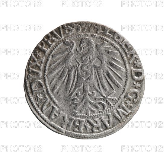 grosz, Schilling, Maciej, R0 (rarity), Albrecht Hohenzollern (Prince of Prussia; 1490–1568) - iconography, eagles, Hohenzollern (coat of arms), male busts in armor, Obv. Prussian eagle, on its chest a crowned letter S. In the rim, between the pearl-shaped borders, an inscription beginning with a trefoil ALBER*D*G*MAR*BRAN*DVX*PR. Reverse. Male bust in armor in profile turned to the right; short hair, long beard with sideburns, dividing the inner border. In the rim, between the pearl-shaped borders, an inscription beginning with the Hohenzollern shield *IVSTVS*EX*FIDE*VIVIT*I543*. 1543, Ducal Prussia (1525–1701), Königsberg, coin: diameter 23.3 mm, weight 1.86 g, axis 315°