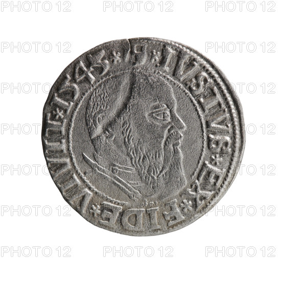 grosz, Schilling, Maciej, R0 (rarity), Albrecht Hohenzollern (Prince of Prussia; 1490–1568) — iconography: eagles, Hohenzollern coat of arms, male busts in armor. Obverse: Prussian eagle, on its chest a crowned letter S; in the rim, between pearl-shaped borders, an inscription beginning with a trefoil ALBER*D*G*MAR*BRAN*DVX*PR. Reverse: male bust in armor in profile turned to the right; short hair, long beard with sideburns, dividing the inner border; in the rim, between pearl-shaped borders, an inscription beginning with the Hohenzollern shield *IVSTVS*EX*FIDE*VIVIT*I543*. Date: 1543. Place: Ducal Prussia, Königsberg. Object: coin; diameter 23.3 mm; weight 1.86 g; axis 315°.