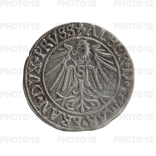 grosz, Schilling, Maciej, R0 (rarity), Albrecht Hohenzollern (Prince of Prussia; 1490–1568) - iconography, eagles, Hohenzollern (coat of arms), male busts in armor. Obv.: Prussian eagle, on its chest the crowned letter S; in the rim, between the pearl-shaped borders, an inscription beginning with a trefoil ALBER*D*, BRAN*DVX*PRVSS. Rev.: Male bust in armor in profile turned to the right; short hair, long beard with sideburns, dividing the inner border; in the rim, between the pearl-shaped borders, an inscription beginning with the Hohenzollern shield *IVSTV, *FIDE*VIVIT*I543*. 1543. Ducal Prussia (1525–1701), Königsberg. Coin: diameter 23.1 mm, weight 1.73 g, axis 100°.
