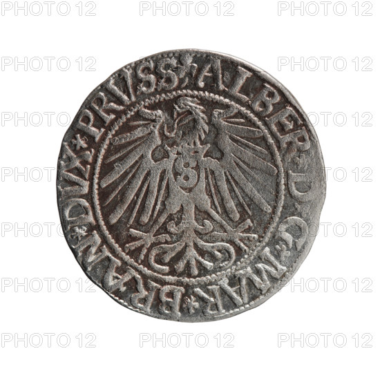 Albrecht Hohenzollern (Prince of Prussia; 1490–1568) — obverse: Prussian eagle, on its chest the crowned letter S; in the rim, between pearl-shaped borders, an inscription beginning with a trefoil ALBE D G MAR*BRAN*DVX*PRVSS. Reverse: male bust in armor in profile turned to the right; short hair, long beard with sideburns; dividing the inner border; in the rim, between the pearl-shaped borders, an inscription beginning with the Hohenzollern shield *IVSTVS*EX*FIDE*VIVIT*I543* (1543). Ducal Prussia (1525–1701), Königsberg. Coin, diameter 23.1 mm, weight 1.85 g, axis 270°. Rarity: R0. Makers: Grosz, Schilling, Maciej. Iconography: eagles, male busts in armor, Hohenzollern coat of arms.