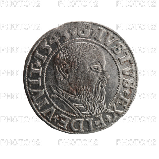 Albrecht Hohenzollern (Prince of Prussia; 1490–1568) — obverse: Prussian eagle with crowned letter S on its chest; rim inscription beginning with a trefoil ALBE D G MAR BRAN DVX PRVSS between pearl-shaped borders. Reverse: male bust in armor in profile to the right; short hair, long beard with sideburns, dividing the inner border; rim inscription beginning with the Hohenzollern shield *IVSTVS*EX*FIDE*VIVIT* I543*; dated 1543. Ducal Prussia (1525–1701), Königsberg. Coin; diameter 23.1 mm, weight 1.85 g, axis 270°. Makers: Grosz, Schilling, Maciej. R0 (rarity). Iconography: eagles, male busts in armor, Hohenzollern coat of arms.