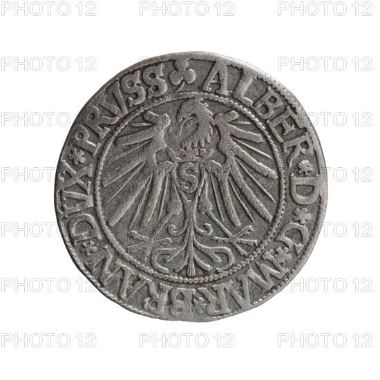 grosz, Schilling, Maciej, R0 (rarity), Albrecht Hohenzollern (Prince of Prussia; 1490–1568) — iconography: eagles, Hohenzollern (coat of arms), male busts in armor. Obv.: Prussian eagle, on its chest the crowned letter S. In the rim, between the pearl-shaped borders, an inscription beginning with a trefoil ALBER*D*G*MAR*BRAN*DVX*PRVSS. Rev.: Male bust in armor in profile turned to the right; short hair, long beard with sideburns, dividing the inner border. In the rim, between the pearl-shaped borders, an inscription beginning with the Hohenzollern shield *IVSTVS*EX*FID, VIVIT*I543*. 1543. Ducal Prussia (1525–1701), Königsberg. Coin: diameter 23.3 mm, weight 1.89 g, axis 135°.