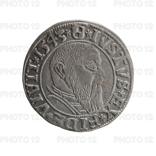 grosz, Schilling, Maciej, R0 (rarity), Albrecht Hohenzollern (Prince of Prussia; 1490-1568) - iconography, eagles, Hohenzollern (coat of arms), male busts in armor, Obv. Prussian eagle, on its chest the crowned letter S. In the rim, between the pearl-shaped borders, an inscription beginning with a trefoil ALBER*D*G*MAR*BRAN*DVX*PRVSS Rev. Male bust in armor in profile turned to the right; short hair, long beard with sideburns, dividing the inner border. In the rim, between the pearl-shaped borders, an inscription beginning with the Hohenzollern shield *IVSTVS*EX*FID, VIVIT*I543*, 1543, Ducal Prussia (1525-1701), Königsberg, coin: diameter 23.3 mm, weight 1.89 g, axis 135 degrees