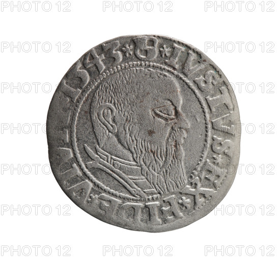 Albrecht Hohenzollern (Prince of Prussia; 1490–1568) — grosz (Schilling) R0 (rarity), 1543. Obverse: Prussian eagle with crowned letter S on its chest. Reverse: male bust in armor in profile to the right; short hair, long beard with sideburns. In the rim, between pearl-shaped borders, inscriptions beginning with a trefoil ALBER*D*G*MAR, DVX*PRVSS and the Hohenzollern shield with *IVSTVS*EX*FIDE*VI. Ducal Prussia (1525–1701), Königsberg. Coin: diameter 23.1 mm, weight 1.93 g, axis 225°.