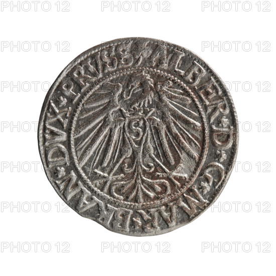 Albrecht Hohenzollern (Prince of Prussia; 1490–1568) — obverse: Prussian eagle with crowned letter S on its chest; rim inscription beginning with a trefoil A, 'BER*D*G*MA, RAN*DVX*PRV'; reverse: male bust in armor in profile to the right, short hair, long beard with sideburns; rim inscription beginning with the Hohenzollern shield '*IVSTVS*EX*FIDE*VIVIT*I543*'. 1543; Ducal Prussia (1525–1701), Königsberg. Coin: diameter 23.3 mm, weight 1.81 g, axis 45°. Maker: grosz, Schilling, Maciej; rarity R0.