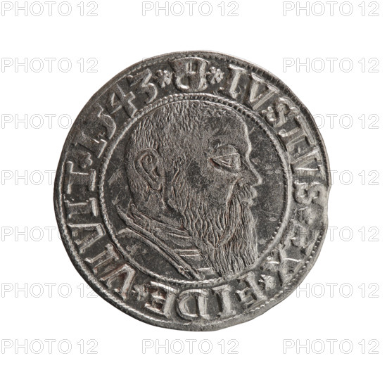 Albrecht Hohenzollern (Prince of Prussia; 1490–1568) — obverse: Prussian eagle with crowned letter S on its chest; in the rim between pearl-shaped borders an inscription beginning with a trefoil A, 'BER*D*G*MA, RAN*DVX*PRV'. Reverse: male bust in armor in profile turned right; short hair, long beard with sideburns, dividing the inner border; in the rim between pearl-shaped borders an inscription beginning with the Hohenzollern shield, '*IVSTVS*EX*FIDE*VIVIT*I543*'. Dated 1543. Ducal Prussia (1525–1701), Königsberg. Coin; diameter 23.3 mm, weight 1.81 g, axis 45°. Makers noted: Grosz, Schilling, Maciej; rarity R0. Icons: eagles, Hohenzollern coat of arms, male busts in armor.