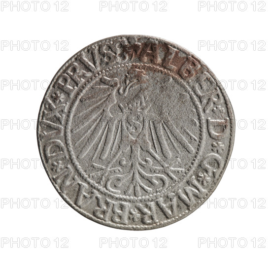 grosz, Schilling, Maciej, R0 (rarity), eagles, Albrecht Hohenzollern (Prince of Prussia; 1490–1568) - iconography, Hohenzollern (coat of arms), male busts in armor. Obv. Prussian eagle, on his chest the crowned letter S. In the rim, between the pearl-shaped borders, an inscription beginning with a trefoil ALBER*D*G*MAR*BRAN*DVX*PRVSS. Rev. Male bust in armor in profile turned to the right; short hair, long beard with sideburns, dividing the inner border. In the rim, between the pearl-shaped borders, an inscription beginning with the Hohenzollern shield *IVSTVS*EX*FIDE*VIVIT*I543*. 1543, Ducal Prussia (1525–1701), Königsberg, coin: diameter 23.4 mm, weight 1.73 g, axis 315 degrees