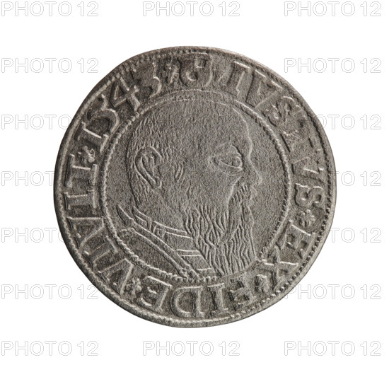 grosz; Schilling, Maciej; R0 (rarity). Eagles; Albrecht Hohenzollern (Prince of Prussia; 1490–1568) — iconography; Hohenzollern (coat of arms); male busts in armor. Obverse: Prussian eagle, on its chest the crowned letter S; in the rim, between pearl-shaped borders, an inscription beginning with a trefoil ALBER*D*G*MAR*BRAN*DVX*PRVSS. Reverse: male bust in armor in profile turned to the right; short hair, long beard with sideburns, dividing the inner border; in the rim, between pearl-shaped borders, an inscription beginning with the Hohenzollern shield *IVSTVS*EX*FIDE*VIVIT*I543*. 1543. Ducal Prussia (1525–1701), Königsberg. Coin: diameter 23.4 mm, weight 1.73 g, axis 315°.