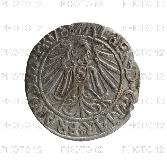 grosz, Schilling, Maciej, R0 (rarity), Albrecht Hohenzollern (Prince of Prussia; 1490–1568) — iconography: eagles, Hohenzollern (coat of arms), male busts in armour. Obv.: Prussian eagle, on his chest the crowned letter S; in the rim, between pearl-shaped borders, inscription beginning with a trefoil: LBER*D*G*MAR*BRA, PRV. Rev.: male bust in armour in profile turned to the right; short hair, long beard with sideburns, dividing the inner border; in the rim, between the pearl-shaped borders, inscription beginning with the Hohenzollern shield: *IVSTVS*EX*FIDE*V, VIT*, 1543. Ducal Prussia (1525–1701), Königsberg; coin: diameter 23.0 mm, weight 1.75 g, axis 135°