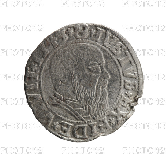 grosz, Schilling, Maciej, R0 (rarity), Albrecht Hohenzollern (Prince of Prussia; 1490–1568) — iconography: eagles, Hohenzollern coat of arms; male busts in armour. Obverse: Prussian eagle, on his chest the crowned letter S; in the rim, between pearl-shaped borders, an inscription beginning with a trefoil, LBER*D*G*MAR*BRA, PRV. Reverse: male bust in armour in profile turned to the right; short hair, long beard with sideburns, dividing the inner border; in the rim, between pearl-shaped borders, an inscription beginning with the Hohenzollern shield *IVSTVS*EX*FIDE*V, VIT*, 1543. Ducal Prussia (1525–1701), Königsberg. Coin: diameter 23.0 mm, weight 1.75 g, axis 135°.