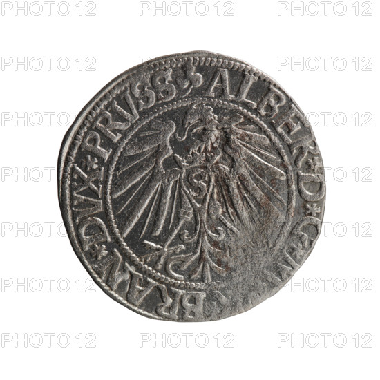 Albrecht Hohenzollern (Prince of Prussia; 1490–1568) — coin, Ducal Prussia (1525–1701), Königsberg, 1543. Obverse: Prussian eagle, on its chest a crowned letter S; rim inscription beginning with a trefoil ALBER*D*G*M, BRAN*DVX*PRVSS; pearl-shaped border. Reverse: male bust in armor in profile turned right; short hair, long beard with sideburns; Hohenzollern shield and rim inscription beginning *IVSTVS*EX*FIDE*VIVIT*I5. Iconography: eagles, Hohenzollern coat of arms, male busts in armor. Coin: diameter 23.0 mm, weight 2.00 g, axis 270°. Rarity R0. Makers noted: Grosz, Schilling, Maciej.