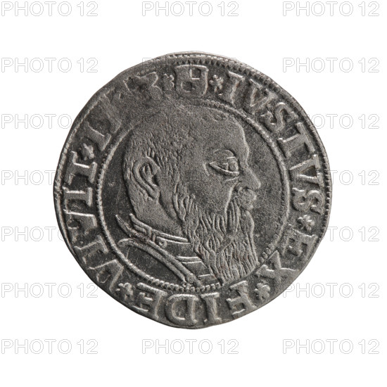grosz, Schilling, Maciej, R0 (rarity), Albrecht Hohenzollern (Prince of Prussia; 1490–1568) — iconography: eagles, Hohenzollern (coat of arms), male busts in armor. Obverse: Prussian eagle, on his chest a crowned letter S; in the rim, between the pearl-shaped borders, an inscription beginning with a trefoil ALBER*D*G*M, BRAN*DVX*PRVSS. Reverse: male bust in armor in profile turned to the right; short hair, long beard with sideburns, dividing the inner border; in the rim, between the pearl-shaped borders, an inscription beginning with the Hohenzollern shield *IVSTVS*EX*FIDE*VIVIT*I5, *, 1543. Duchy: Ducal Prussia (1525–1701), Königsberg. Coin: diameter 23.0 mm, weight 2.00 g, axis 270°.