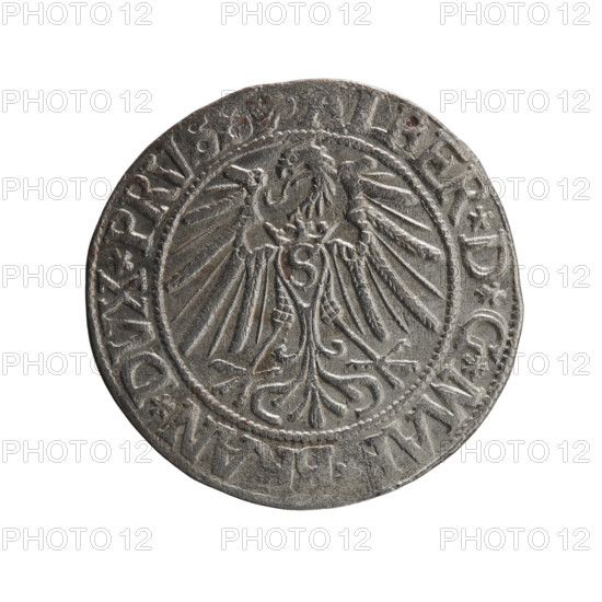 grosz, Schilling, Maciej, R0 (rarity), Albrecht Hohenzollern (Prince of Prussia; 1490–1568) — iconography: eagles, Hohenzollern (coat of arms), male busts in armor. Obverse: Prussian eagle, on its chest the crowned letter S; in the rim between pearl-shaped borders an inscription beginning with a trefoil, BER*D*G*MA, AN*DVX*PRV. Reverse: male bust in armor in profile to the right; short hair, long beard with sideburns, dividing the inner border; in the rim between pearl-shaped borders an inscription beginning with the Hohenzollern shield, IVST,*EX*FIDE*VIVIT*I543* (1543). Ducal Prussia (1525–1701), Königsberg; coin: diameter 23.4 mm, weight 1.99 g, axis 120°.