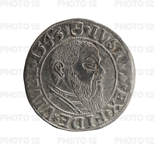 grosz, Schilling, Maciej, R0 (rarity), Albrecht Hohenzollern (Prince of Prussia; 1490–1568) - iconography, eagles, Hohenzollern (coat of arms), male busts in armor. Obverse: Prussian eagle, on its chest the crowned letter S; in the rim, between pearl-shaped borders, an inscription beginning with a trefoil, BER*D*G*MA, AN*DVX*PRV. Reverse: male bust in armor in profile turned to the right; short hair, long beard with sideburns, dividing the inner border; in the rim, between the pearl-shaped borders, an inscription beginning with the Hohenzollern shield, IVST,*EX*FIDE*VIVIT*I543* (1543). Ducal Prussia (1525–1701), Königsberg. Coin: diameter 23.4 mm, weight 1.99 g, axis 120 degrees.
