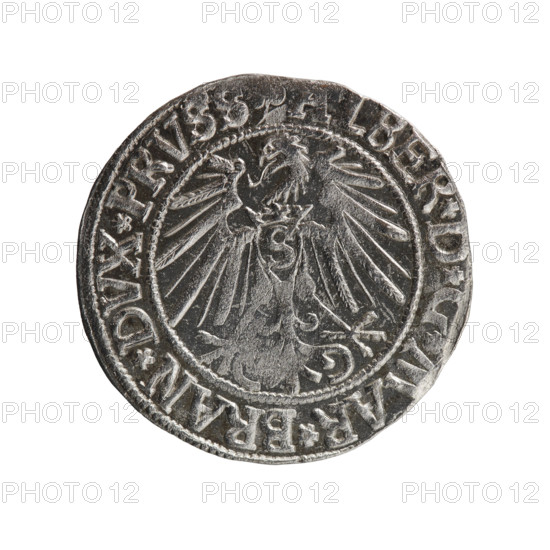 grosz, Schilling, Maciej, R0 (rarity), Albrecht Hohenzollern (Prince of Prussia; 1490–1568) - iconography, eagles, Hohenzollern (coat of arms), male busts in armor. Obv.: Prussian eagle, on its chest the crowned letter S. In the rim, between the pearl-shaped borders, an inscription beginning with a trefoil ALBER*D*G*MAR*BRAN*DVX*PRVSS. Rev.: Male bust in armor in profile turned to the right; short hair, long beard with sideburns, dividing the inner border. In the rim, between the pearl-shaped borders, an inscription beginning with the Hohenzollern shield *IVSTVS*EX*FIDE*VIVIT*I543*. 1543, Ducal Prussia (1525–1701), Königsberg; coin: diameter 23.3 mm, weight 1.84 g, axis 160°