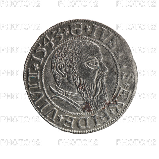 grosz, Schilling, Maciej, R0 (rarity), eagles, Albrecht Hohenzollern (Prince of Prussia; 1490-1568) - iconography, male busts in armor, Hohenzollern (coat of arms). Obverse: Prussian eagle, on its chest the crowned letter S; in the rim, between pearl-shaped borders, an inscription beginning with a trefoil ALBER*D*G*, AR*BRAN*DVX*PRVSS. Reverse: male bust in armor in profile turned to the right; short hair, long beard with sideburns, dividing the inner border; in the rim, between pearl-shaped borders, an inscription beginning with the Hohenzollern shield *IVS, S*EX*FIDE*VIVIT*I543*. 1543, Ducal Prussia (1525–1701), Königsberg. Coin: diameter 23.0 mm, weight 2.07 g, axis 150°.