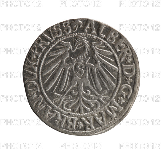 Albrecht Hohenzollern (Prince of Prussia; 1490–1568) — coin, Ducal Prussia (1525–1701), Königsberg, 1543. Obverse: Prussian eagle with crowned letter S on its chest; rim inscription beginning with a trefoil ALBER*D*G*MAR*BRAN*DVX*PRVSS between pearl-shaped borders. Reverse: male bust in armor in profile to the right; short hair, long beard with sideburns; rim inscription beginning with the Hohenzollern shield *IVSTVS*EX*FIDE*VIVIT*I543* between pearl-shaped borders. Diameter 23.3 mm; weight 1.94 g; axis 200 degrees.