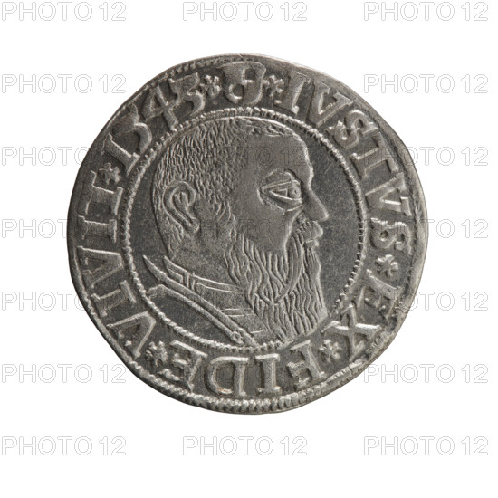 Albrecht Hohenzollern (Prince of Prussia; 1490–1568) grosz (Schilling, Maciej), R0 (rarity), 1543. Obverse: Prussian eagle, on its chest the crowned letter S; in the rim between pearl-shaped borders an inscription beginning with a trefoil ALBER*D*G*MAR*BRAN*DVX*PRVSS. Reverse: male bust in armor in profile turned right; short hair, long beard with sideburns, dividing the inner border; in the rim between pearl-shaped borders an inscription beginning with the Hohenzollern shield *IVSTVS*EX*FIDE*VIVIT*I543*. Ducal Prussia (1525–1701), Königsberg. Coin, diameter 23.3 mm, weight 1.94 g, axis 200°.