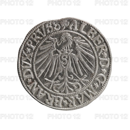 Albrecht Hohenzollern (Prince of Prussia; 1490–1568) — grosz, Schilling, Maciej, R0 (rarity). Obverse: Prussian eagle, on its chest the crowned letter S; rim between pearl-shaped borders with inscription beginning with a trefoil ALBER*D*G*MAR*BRAN*DVX*PRVSS. Reverse: male bust in armor in profile turned to the right; short hair, long beard with sideburns; rim between pearl-shaped borders with inscription beginning with the Hohenzollern shield *IVSTVS*EX*FIDE*VIVIT*I543*; dated 1543. Ducal Prussia (1525–1701), Königsberg. Coin: diameter 23.5 mm, weight 1.81 g, axis 50°.