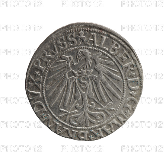 Albrecht Hohenzollern (Prince of Prussia; 1490–1568) — silver grosz (Schilling), R0 (rarity), 1543, Ducal Prussia (1525–1701), Königsberg. Obverse: Prussian eagle, on its chest the crowned letter S; rim inscription beginning with a trefoil ALBER*D*G*MAR*, AN*DVX*PRVSS. Reverse: male bust in armor in profile turned to the right; short hair, long beard with sideburns; dividing inner border; rim inscription beginning with the Hohenzollern shield *IVSTVS*EX*FIDE*VIVIT*I543*. Iconography: eagles, Hohenzollern coat of arms, male busts in armor. Coin: diameter 22.9 mm, weight 1.84 g, axis 30°.