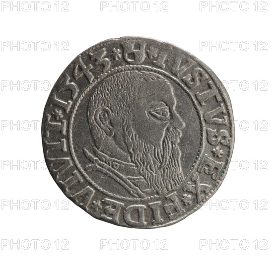 Albrecht Hohenzollern (Prince of Prussia; 1490–1568) — obverse: Prussian eagle bearing on its chest the crowned letter S; rim inscription beginning with a trefoil ALBER*D*G*MAR*, AN*DVX*PRVSS. Reverse: male bust in armor in profile turned right; short hair, long beard with sideburns; inner border divided. Rim inscription beginning with the Hohenzollern shield *IVSTVS*EX*FIDE*VIVIT*I543*; date 1543. Ducal Prussia (1525–1701), Königsberg. Coin; diameter 22.9 mm, weight 1.84 g, axis 30°. Rarity: R0. Maker: grosz, Schilling, Maciej. Icons: eagles, Hohenzollern coat of arms, male busts in armor.
