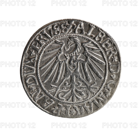 Obverse: Prussian eagle; on its chest the crowned letter S. In the rim, between pearl-shaped borders, inscription beginning with a trefoil ALBER*D*G*MAR*B, AN*DVX*PRVSS. Reverse: Male bust in armor in profile turned to the right; short hair, long beard with sideburns. In the rim, between pearl-shaped borders, inscription beginning with the Hohenzollern shield *IVSTVS*EX*FIDE*VIVIT*I54. Albrecht Hohenzollern (Prince of Prussia; 1490–1568) — iconography. Dated 1543. Ducal Prussia (1525–1701). Coin; diameter 23.5 mm, weight 1.80 g, axis 45°. Makers: Grosz, Schilling, Maciej. R0 (rarity). Hohenzollern (coat of arms). Male busts in armor; eagles.