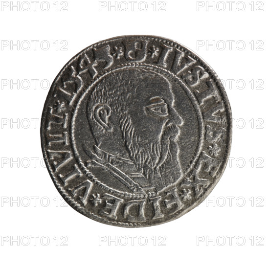 grosz, Schilling, Maciej, R0 (rarity), eagles, Albrecht Hohenzollern (Prince of Prussia; 1490-1568) - iconography, male busts in armor, Hohenzollern (coat of arms). Obv. Prussian eagle, on its chest the crowned letter S. In the rim, between the pearl-shaped borders, an inscription beginning with a trefoil ALBER*D*G*MAR*B, AN*DVX*PRVSS. Rev. Male bust in armor in profile turned to the right; short hair, long beard with sideburns, dividing the inner border. In the rim, between the pearl-shaped borders, an inscription beginning with the Hohenzollern shield *IVSTVS*EX*FIDE*VIVIT*I54*. 1543, Ducal Prussia (1525-1701), coin: diameter 23.5 mm, weight 1.80 g, axis 45 degrees