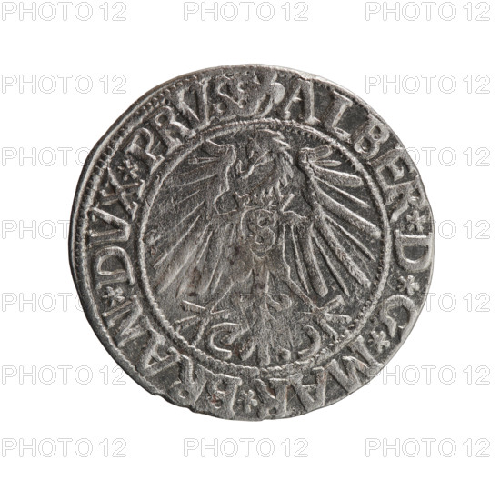 Albrecht Hohenzollern (Prince of Prussia; 1490–1568) — coin (1543). Obverse: Prussian eagle, on its chest the crowned letter S; rim between pearl-shaped borders with inscription beginning with a trefoil ALBER*D*G*MAR*BRAN*DVX*PRVSS. Reverse: male bust in armor in profile turned to the right; short hair, long beard with sideburns; rim between pearl-shaped borders with inscription beginning with the Hohenzollern shield *IVSTVS*EX*FIDE*VIVIT*I543*. Ducal Prussia (1525–1701), Königsberg. Coin diameter 23.5 mm, weight 1.95 g, axis 45°. Rarity: R0. Iconography: eagles, Hohenzollern coat of arms, male busts in armor. Maker: grosz, Schilling, Maciej.