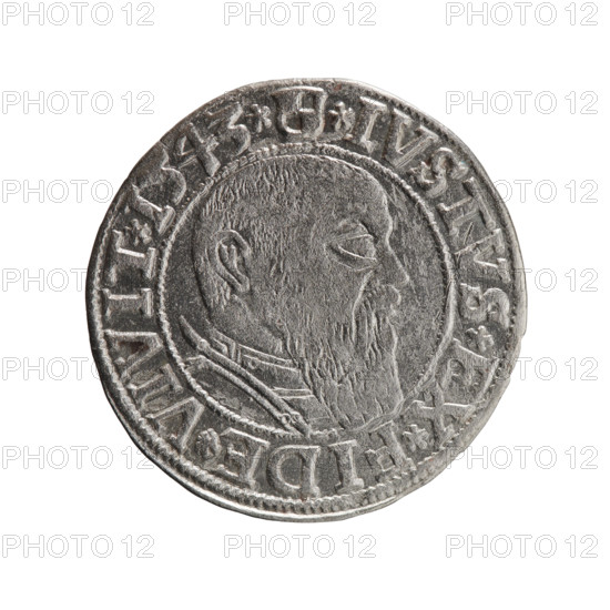 Albrecht Hohenzollern (Prince of Prussia; 1490–1568) — coin, 1543. Obverse: Prussian eagle, on its chest the crowned letter S; in the rim between pearl-shaped borders an inscription beginning with a trefoil ALBER*D*G*MAR*BRAN*DVX*PRVSS. Reverse: male bust in armor in profile facing right; short hair, long beard with sideburns; in the rim between pearl-shaped borders an inscription beginning with the Hohenzollern shield *IVSTVS*EX*FIDE*VIVIT*I543*. Ducal Prussia (1525–1701), Königsberg. Diameter 23.5 mm, weight 1.95 g, axis 45°. Iconography: eagles, Hohenzollern coat of arms, male busts in armor. Rarity: R0. Makers: Grosz, Schilling, Maciej.