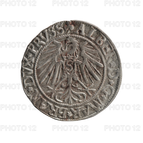 Albrecht Hohenzollern (Prince of Prussia; 1490–1568) — iconography: Hohenzollern coat of arms; male busts in armour; eagles. Obverse: Prussian eagle, on its chest a crowned letter S; on rim between pearl borders an inscription beginning with a trefoil ALBER*D*G*MAR*BRAN*DVX*PRVSS. Reverse: male bust in armour in profile turned to the right; short hair, long beard with sideburns, separating the inner border; on rim between pearl borders an inscription starting with the Hohenzollern shield *IVSTVS*EX*FIDE*VIVIT*I543*. 1543. Ducal Prussia (1525–1701). Coin; diameter 23.0 mm; weight 1.98 g; axis 150°. Makers: Grosz, Schilling, Maciej. R0 (rarity).