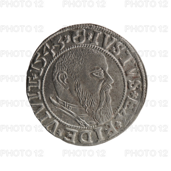 grosz, Schilling, Maciej, R0 (rarity), Albrecht Hohenzollern (Prince of Prussia; 1490-1568) - iconography, Hohenzollern (coat of arms), male busts in armour, eagles. Obv. Prussian eagle, on his chest a crowned letter S. On the rim, between the pearl borders, an inscription beginning with a trefoil ALBER*D*G*MAR*BRAN*DVX*PRVSS. Rev. Male bust in armour in profile turned to the right; short hair, long beard with sideburns, separating the inner border. On the rim between the pearl borders an inscription starting with the Hohenzollern shield *IVSTVS*EX*FIDE*VIVIT*I543*. 1543, Ducal Prussia (1525–1701), coin: diameter 23.0 mm, weight 1.98 g, axis 150°.