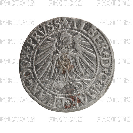 Albrecht Hohenzollern (Prince of Prussia; 1490–1568) — coin (Ducal Prussia, Königsberg), 1543. Obverse: Prussian eagle; on its chest a crowned letter S; in the rim between pearl-shaped borders an inscription beginning with a trefoil: ALBER*D*G*MAR*BRAN*DVX*PRVSS. Reverse: male bust in armor in profile to the right; short hair, long beard with sideburns, dividing the inner border; in the rim between pearl-shaped borders an inscription beginning with the Hohenzollern shield: *IVSTVS*EX*FIDE*VIVIT*I543*. Diameter 23.3 mm, weight 1.80 g, axis 135°.