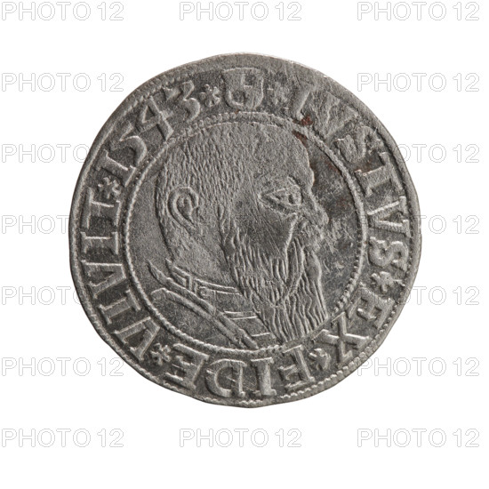 grosz, Schilling, Maciej, Albrecht Hohenzollern (Prince of Prussia; 1490–1568) — obverse: Prussian eagle; on its chest a crowned letter S; in rim between pearl-shaped borders an inscription beginning with a trefoil ALBER*D*G*MAR*BRAN*DVX*PRVSS. Reverse: male bust in armor in profile turned to the right; short hair, long beard with sideburns; dividing the inner border; in rim between pearl-shaped borders an inscription beginning with the Hohenzollern shield *IVSTVS*EX*FIDE*VIVIT*I543*. 1543, Ducal Prussia (1525–1701), Königsberg; coin (grosz/Schilling), diameter 23.3 mm, weight 1.80 g, axis 135°.