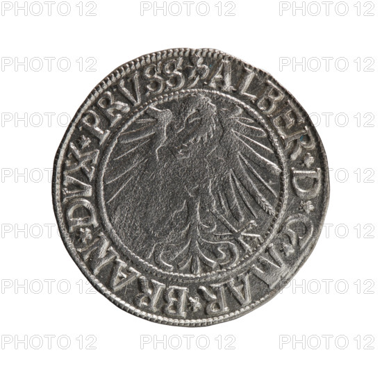 Grosz; Schilling; Maciej. R0 (rarity). 1543. Ducal Prussia (1525–1701), Königsberg. Coin (diameter 23.4 mm, weight 1.92 g, axis 340°). Obverse: Prussian eagle; in rim between pearl-shaped borders an inscription beginning with a trefoil: ALBER*D*G*MAR*BRAN*DVX*PRVSS. Reverse: male bust in armor in profile to the right; short hair, long beard with sideburns; Hohenzollern shield; in rim between pearl-shaped borders an inscription beginning with *IVSTVS*EX*FIDE*VIVIT*I543*. Subject: Albrecht Hohenzollern (Prince of Prussia; 1490–1568) — iconography; Hohenzollern coat of arms; male busts in armor.