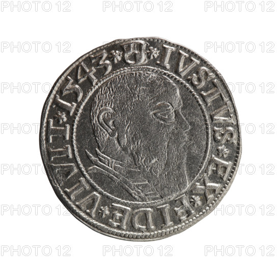 grosz, Schilling, Maciej, R0 (rarity), eagles, Albrecht Hohenzollern (Prince of Prussia; 1490–1568) - iconography, Hohenzollern (coat of arms), male busts in armor. Obverse: Prussian eagle. In the rim, between the pearl-shaped borders, an inscription beginning with a trefoil ALBER*D*G*MAR*BRAN*DVX*PRVSS. Reverse: male bust in armor in profile turned to the right; short hair, long beard with sideburns, dividing the inner border. In the rim, between the pearl-shaped borders, an inscription beginning with the Hohenzollern shield *IVSTVS*EX*FIDE*VIVIT*I543*. 1543, Ducal Prussia (1525–1701), Königsberg; coin: diameter 23.4 mm, weight 1.92 g, axis 340°.