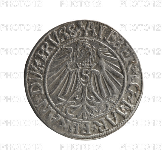 grosz, Schilling, Maciej, R0 (rarity), Albrecht Hohenzollern (Prince of Prussia; 1490–1568) — iconography: Hohenzollern coat of arms, male busts in armor, eagles. Obverse: Prussian eagle, on its chest a crowned letter S; in the rim between pearl-shaped borders, an inscription beginning with a trefoil (mistaken due to a die jump). Reverse: male bust in armor in profile turned right; short hair, long beard with sideburns, dividing the inner border; in the rim between pearl-shaped borders, an inscription beginning with the Hohenzollern shield *IVSTVS*EX*FIDE*VIVIT*I543*. Date 1543; Ducal Prussia (1525–1701), Königsberg. Coin: diameter 23.5 mm, weight 1.92 g, axis 260°.