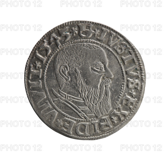 grosz, Schilling, Maciej, R0 (rarity), Albrecht Hohenzollern (Prince of Prussia; 1490–1568) — iconography: Hohenzollern coat of arms, male busts in armor, eagles. Obverse: Prussian eagle, on its chest a crowned letter S; in the rim between pearl-shaped borders an inscription beginning with a trefoil (mistaken due to a die jump). Reverse: male bust in armor in profile turned to the right; short hair, long beard with sideburns, dividing the inner border; in the rim between pearl-shaped borders an inscription beginning with the Hohenzollern shield *IVSTVS*EX*FIDE*VIVIT*I543*. 1543; Ducal Prussia (1525–1701), Königsberg; coin: diameter 23.5 mm, weight 1.92 g, axis 260°.