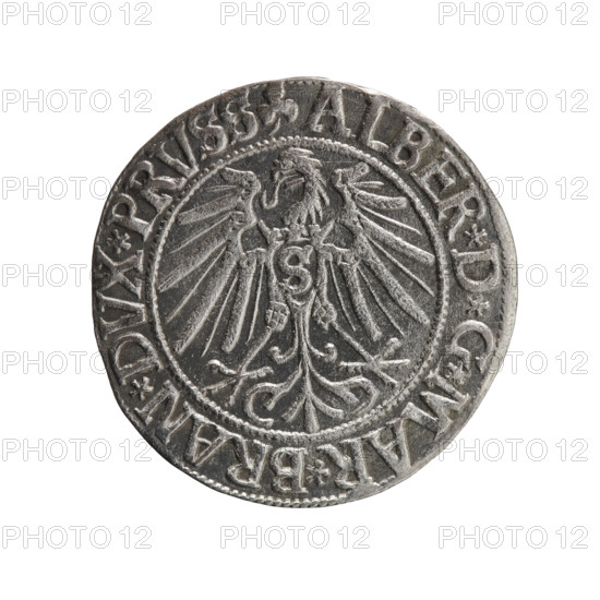 grosz, Schilling, Maciej, R0 (rarity), Albrecht Hohenzollern (Prince of Prussia; 1490-1568) - iconography, eagles, Hohenzollern (coat of arms), male busts in armor, Obv. Prussian eagle, on its chest the crowned letter S. In the rim, between the pearl-shaped borders, an inscription beginning with a trefoil ALBER*D*G*MAR*BRAN*DVX*PRVSS Rev. Male bust in armor in profile turned to the right; short hair, long beard with sideburns, dividing the inner border. In the rim, between the pearl-shaped borders, an inscription beginning with the Hohenzollern shield *IVSTVS*EX*FIDE*VIVIT*I543*, 1543, Ducal Prussia (1525-1701), Königsberg, coin, diameter 23.0 mm, weight 1.99 g, axis 225 degrees