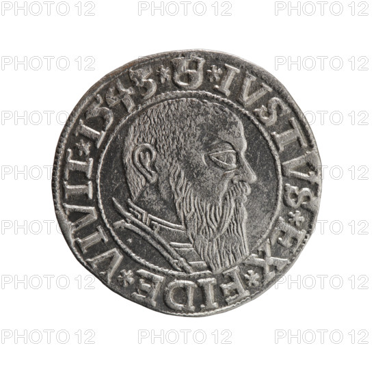 Albrecht Hohenzollern (Prince of Prussia; 1490–1568) — silver coin, 1543. Obverse: Prussian eagle, on its chest the crowned letter S; in the rim, between pearl-shaped borders, an inscription beginning with a trefoil ALBER*D*G*MAR*BRAN*DVX*PRVSS. Reverse: male bust in armor in profile turned right; short hair, long beard with sideburns, dividing the inner border; in the rim, between pearl-shaped borders, an inscription beginning with the Hohenzollern shield *IVSTVS*EX*FIDE*VIVIT*I543*. Ducal Prussia (1525–1701), Königsberg. Coin: diameter 23.0 mm, weight 1.99 g, axis 225°. Rarity: R0.