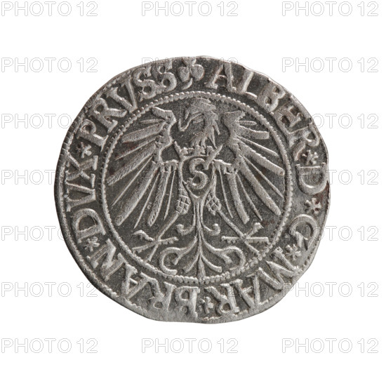 Albrecht Hohenzollern (Prince of Prussia; 1490–1568) — grosz, Schilling, Maciej, R0 (rarity). Ducal Prussia (1525–1701), Königsberg, 1543. Coin (diameter 23.1 mm, weight 1.96 g, axis 190°). Obverse: Prussian eagle; on its chest the crowned letter S. In the rim, between pearl-shaped borders, inscription beginning with a trefoil: ALBER*D*G*MAR*BRAN*DVX*PRVSS. Reverse: Male bust in armor in profile to the right; short hair, long beard with sideburns, dividing the inner border. In the rim, between pearl-shaped borders, inscription beginning with the Hohenzollern shield: *IVSTVS*EX*FIDE*VIVIT*I543*.