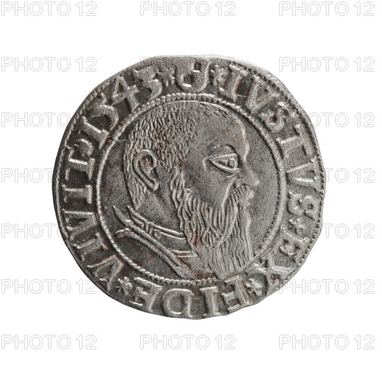 Albrecht Hohenzollern (Prince of Prussia; 1490–1568) — grosz (Schilling) by Maciej, 1543. Ducal Prussia (1525–1701), Königsberg. Coin, diameter 23.1 mm, weight 1.96 g, axis 190°. Obverse: Prussian eagle with crowned letter S on its chest; in the rim between pearl-shaped borders an inscription beginning with a trefoil ALBER*D*G*MAR*BRAN*DVX*PRVSS. Reverse: male bust in armor in profile to the right; short hair, long beard with sideburns; dividing the inner border; in the rim between pearl-shaped borders an inscription beginning with the Hohenzollern shield *IVSTVS*EX*FIDE*VIVIT*I543*. Rarity R0.