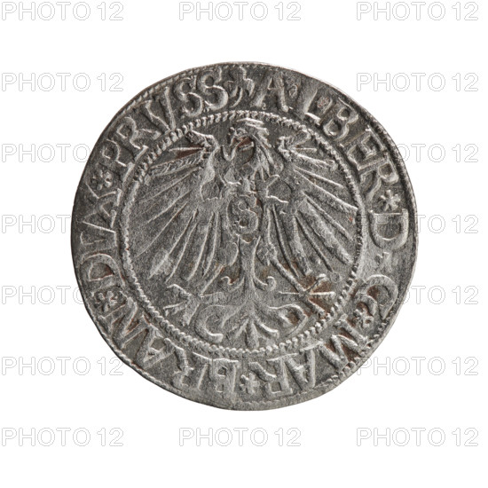 grosz, Schilling, Maciej, R0 (rarity), Albrecht Hohenzollern (Prince of Prussia; 1490–1568) - iconography, eagles, male busts in armor, Hohenzollern (coat of arms). Obv.: Prussian eagle, on its chest the crowned letter S; in the rim, between the pearl-shaped borders, an inscription beginning with a trefoil ALBER*D*G*MAR*BRAN*DVX*PRVSS. Rev.: Male bust in armor in profile turned to the right; short hair, long beard with sideburns, dividing the inner border; in the rim, between the pearl-shaped borders, an inscription beginning with the Hohenzollern shield *IVSTVS*EX*FIDE*VIVIT*I543*. 1543, Ducal Prussia (1525–1701), Königsberg; coin. Diameter 23.2 mm, weight 1.88 g, axis 315°.