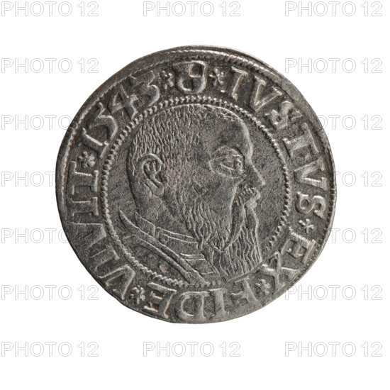 Albrecht Hohenzollern (Prince of Prussia; 1490–1568) — coin (Ducal Prussia, Königsberg, 1543). Obverse: Prussian eagle, on its chest the crowned letter S; rim inscription beginning with a trefoil ALBER*D*G*MAR*BRAN*DVX*PRVSS between pearl-shaped borders. Reverse: male bust in armor in profile to the right; short hair, long beard with sideburns; Hohenzollern shield and rim inscription beginning with *IVSTVS*EX*FIDE*VIVIT*I543*; iconography includes eagles, male busts in armor, Hohenzollern coat of arms. Coin diameter 23.2 mm, weight 1.88 g, axis 315°. Rarity R0. Makers: Grosz, Schilling, Maciej.