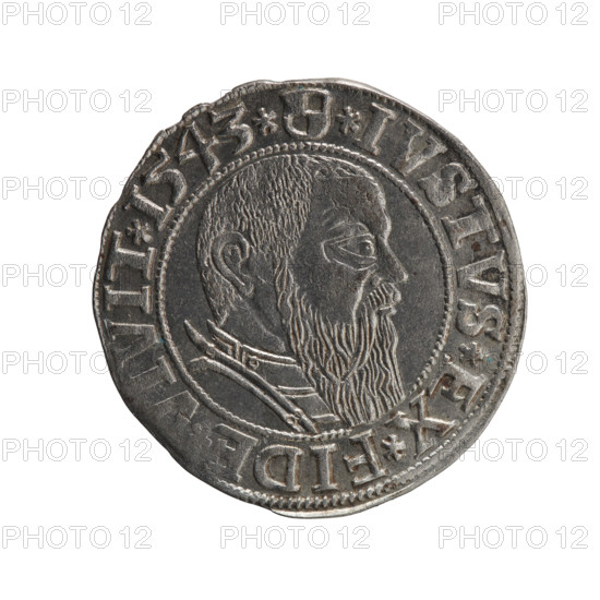 grosz, Schilling, Maciej, R0 (rarity), Albrecht Hohenzollern (Prince of Prussia; 1490–1568) — iconography: Hohenzollern coat of arms; male busts in armour; eagles. Obv.: Prussian eagle, on its chest the crowned letter S; in the rim between pearl-shaped borders an inscription beginning with a trefoil ALBER*D*, AR*BRAN*DVX*PRVS. Rev.: Male bust in armour in profile turned to the right; short hair, long beard with sideburns, dividing the inner border; in the rim between pearl-shaped borders an inscription beginning with the Hohenzollern shield *IVSTVS*EX*FIDE, IVIT*I543*. 1543; Ducal Prussia (1525–1701), Königsberg. Coin: diameter 23.7 mm, weight 1.99 g, axis 0°.